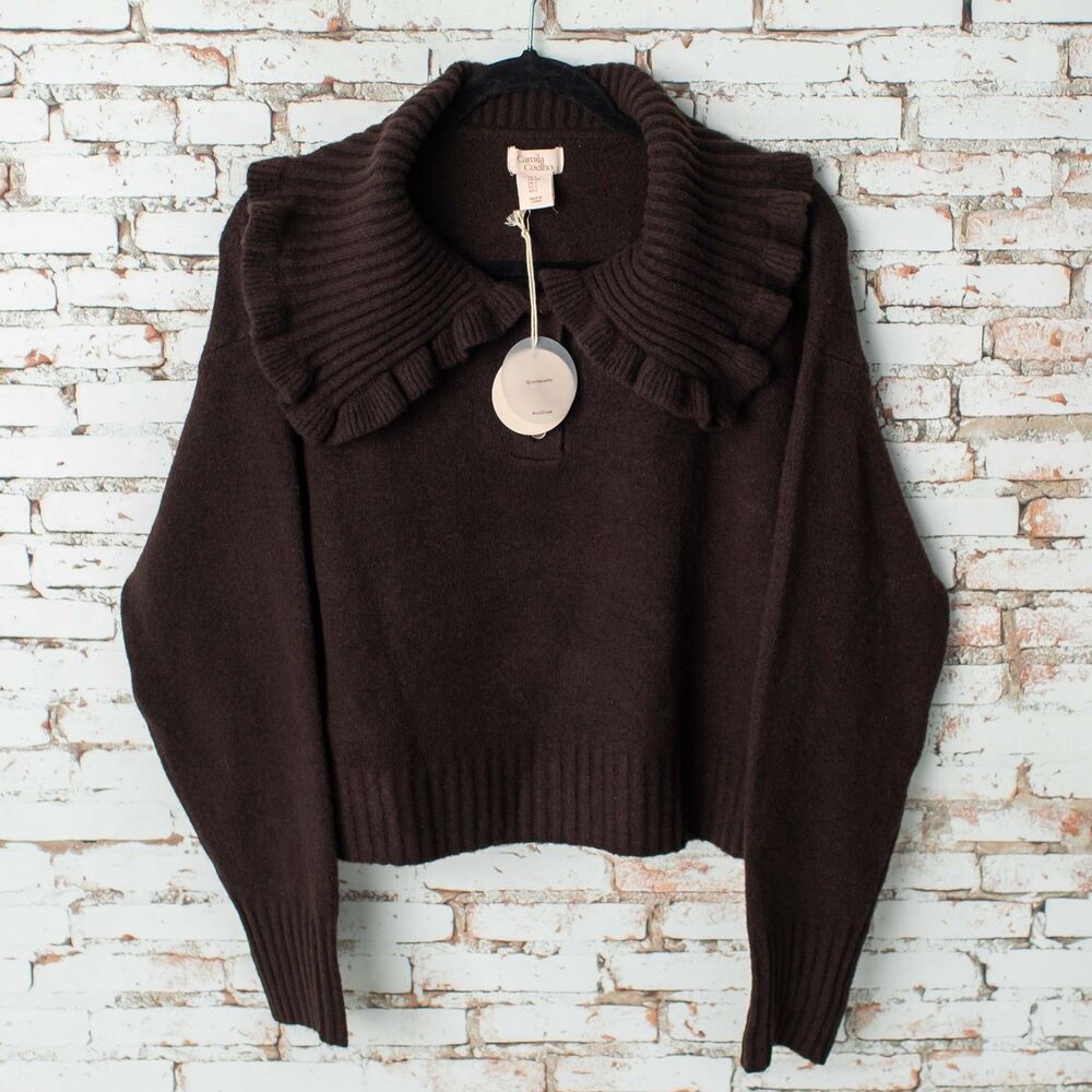 Camila Coelho Brown Ruffle Collar Cropped Sweater Women’s Small Wool Blend NEW